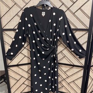 Anne Klein Black Midi Dress White Polka Dots - Long Sleeve Wrap - L